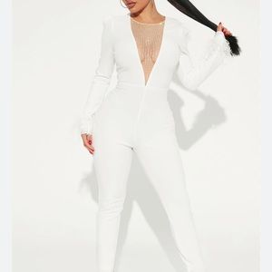 Queen B Feather Jumpsuit - S - FASHION NOVA